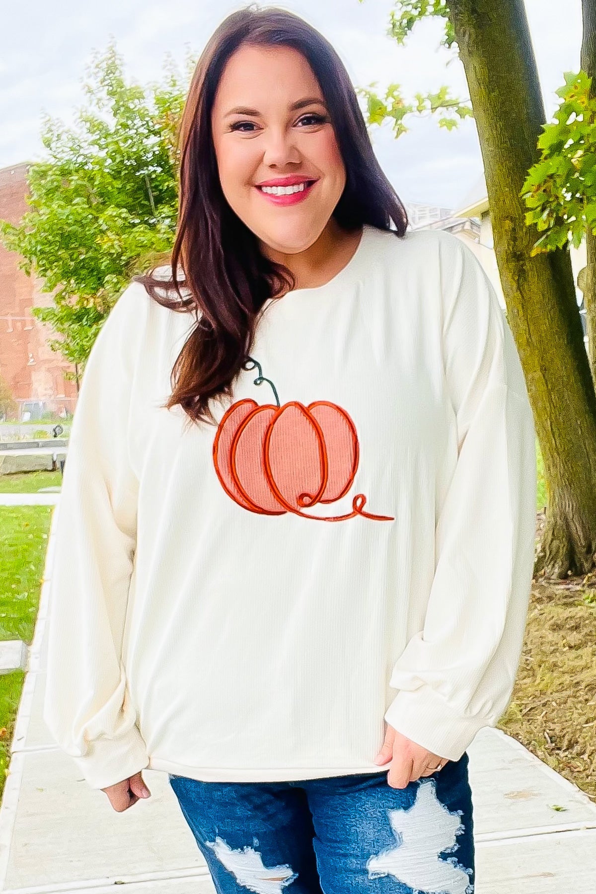 Maxct &Halloween Lovely Ivory Embroidered Pumpkin Knit Sweater