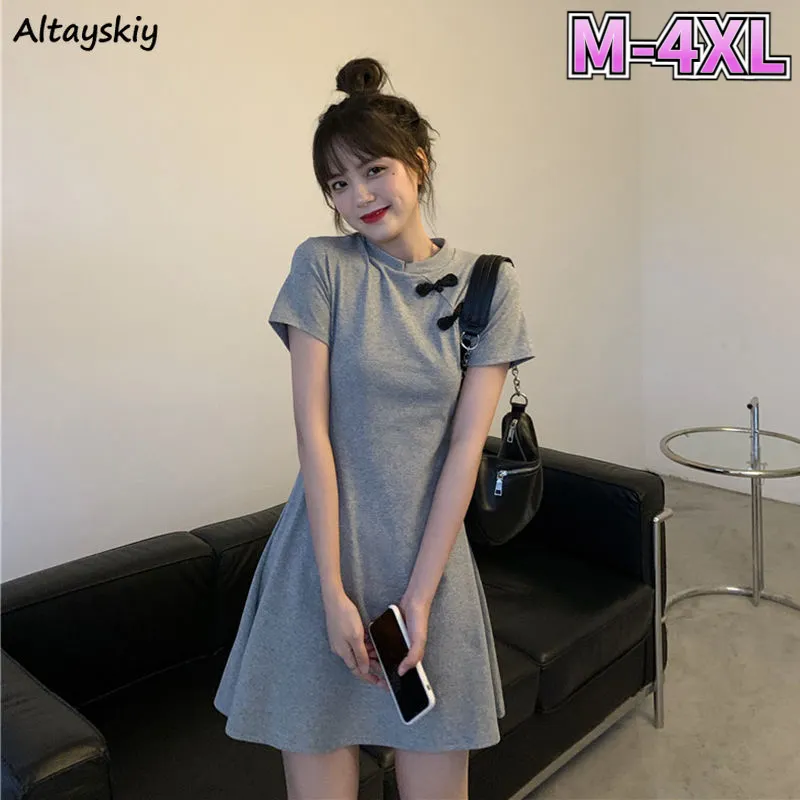 Maxct Short Sleeve Dress Women O-neck Slender Vintage Chinese Style Qipao Students Kawaii 4XL Sweet Mini Dresses Leisure Sexy