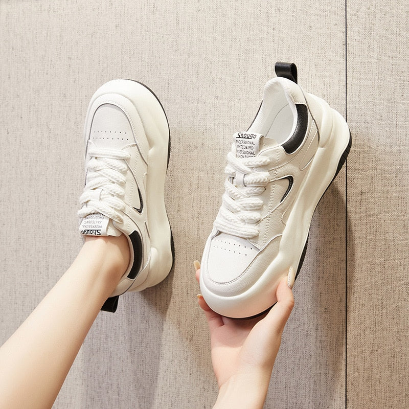 Stylish Women's White Leather Chunky Trainers with 6cm Heel Maxct
