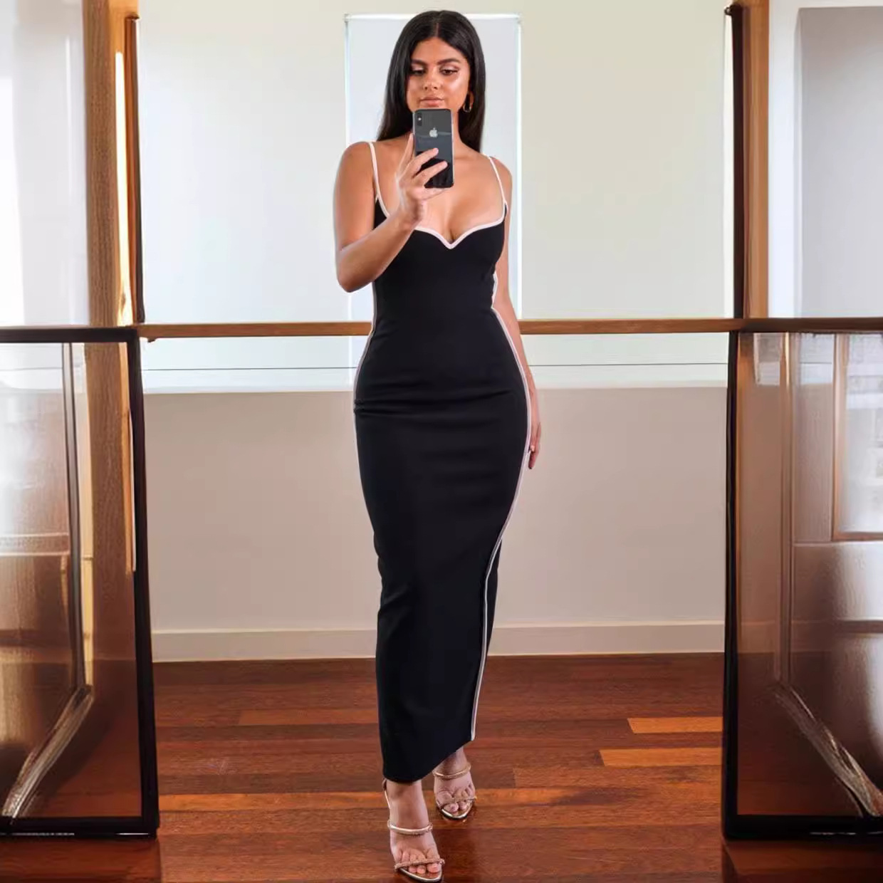 Maxct prom dresses Summer Women's Contrast Color Sling Sexy Backless Sheath Slim Fit Dress Women