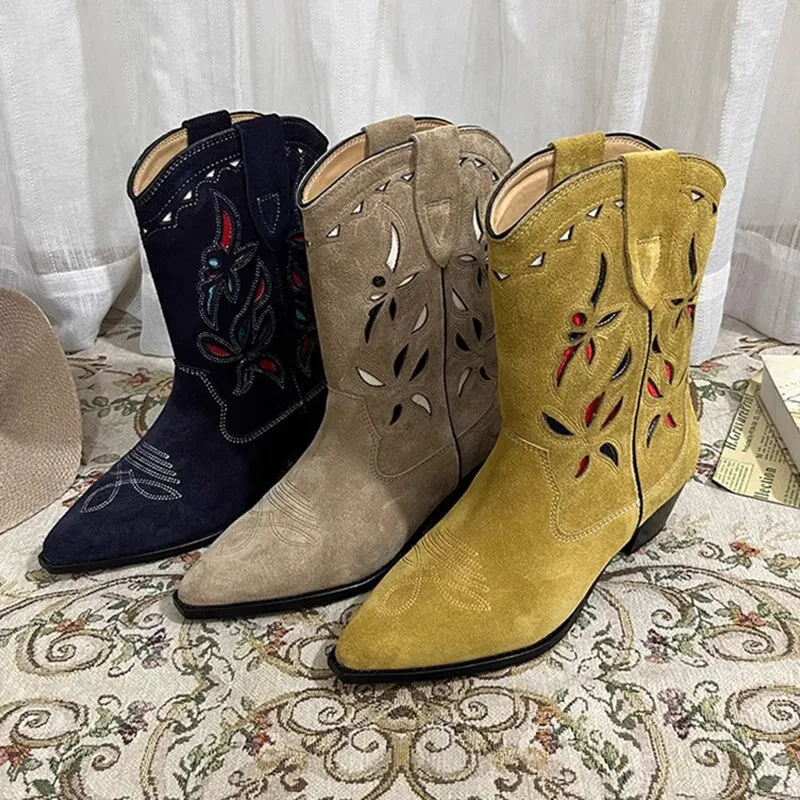Womens Western Boots Block Heel Cut-Out Cowboy Boots All Genuine Leather Maxct