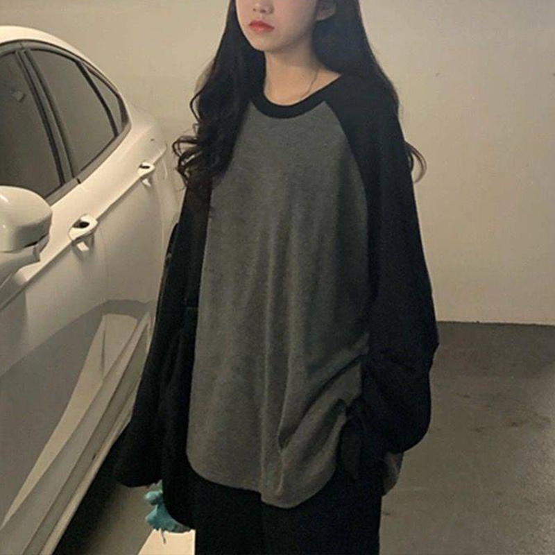 Oversized T-shirt Round Collar Contrast Color Long Sleeve Tops Women Spring Patchwork Kawaii T Shirts Unisex Streetwear