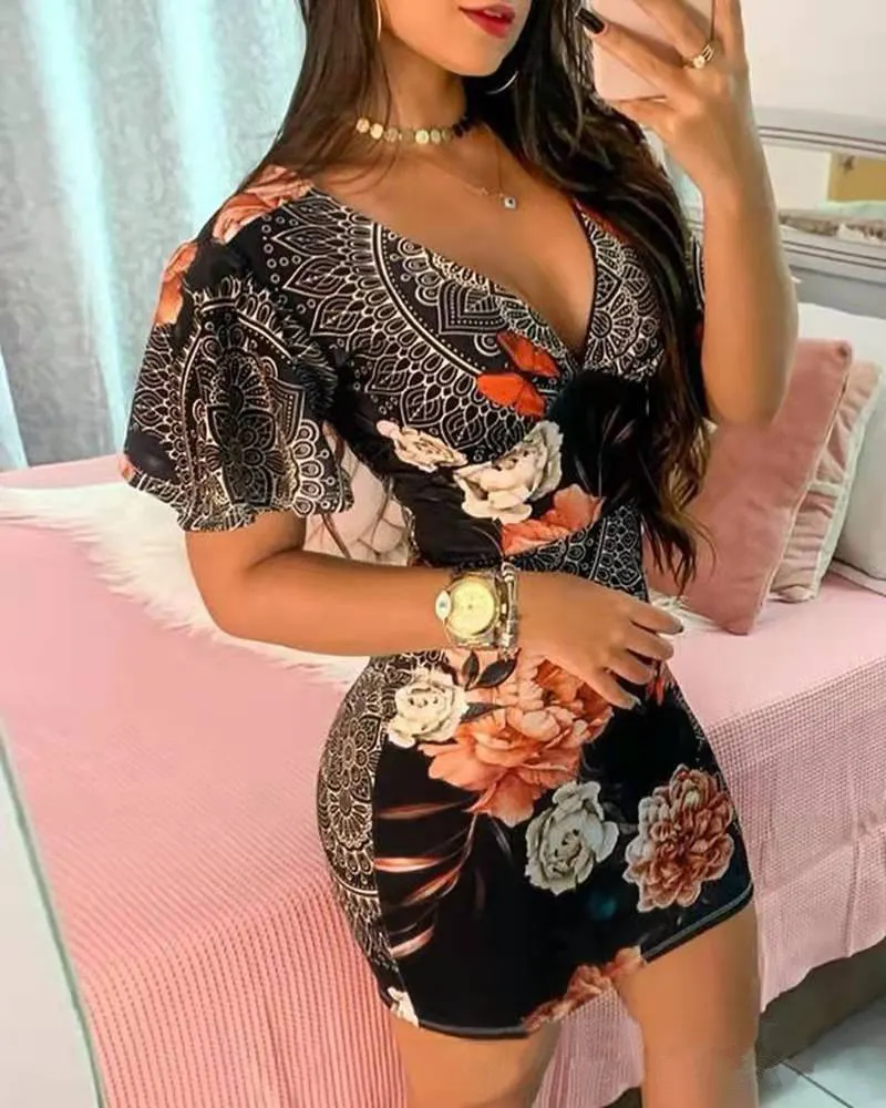 Women's Elegant Dress Vintage Floral Print Ruffles Bodycon Dress for Party Cocktails Casual Mini Dress Vacation Dress