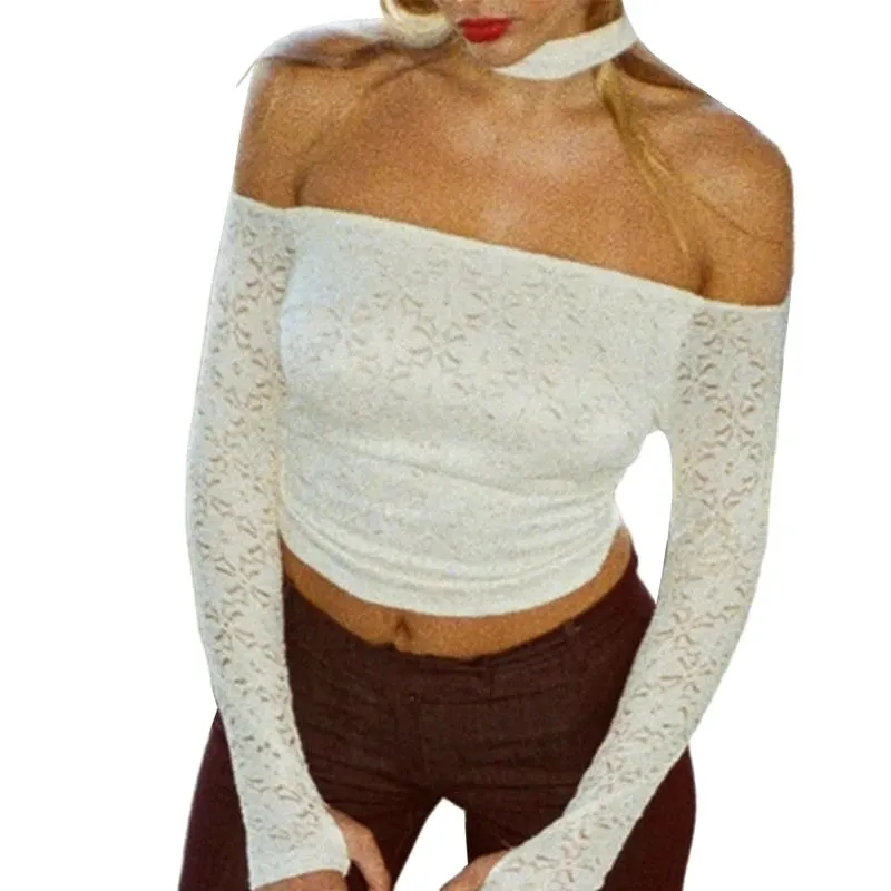 Maxct Fairy Coquette Sexy Backless Crop Top Floral Lace Off Shoulder T-shirts 90s Vintage Chic Women Long Sleeve Tees Y2K Streetwear