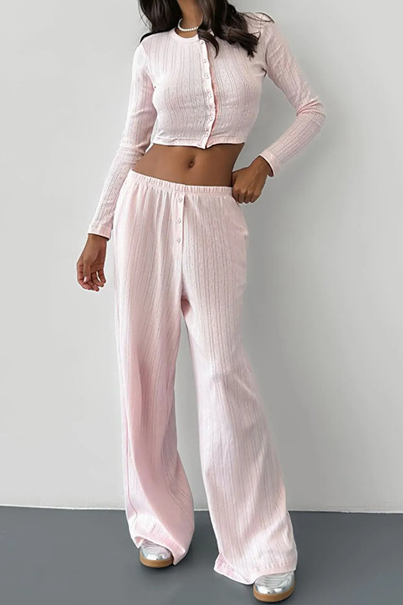 Maxct Long Sleeve Single Breasted Crop Tops Long Pant Set