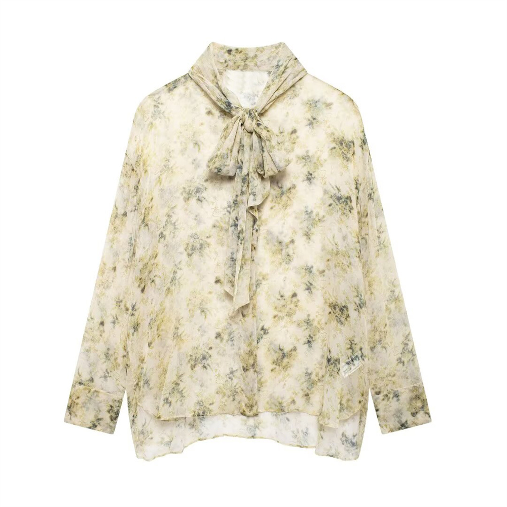 Autumn New Product Women's Casual Versatile Loose Bow Tie Decoration Printed Long Sleeve Shirt Top