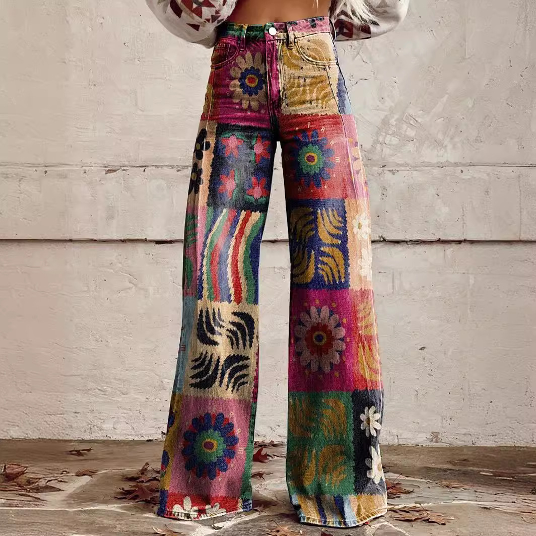Maxct fall fits plus Size Women's Casual Pants Thin Imitation Jeans Wide Leg 3D Trendy Women's Pants
