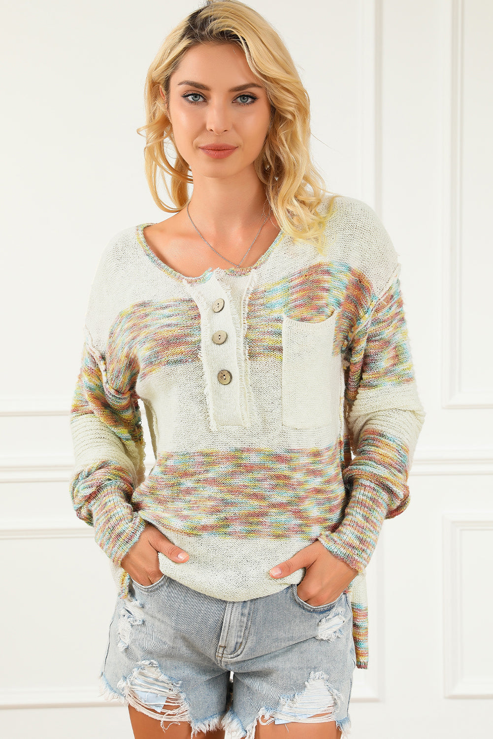 Maxct &Contrast Half Button Long Sleeve Sweater