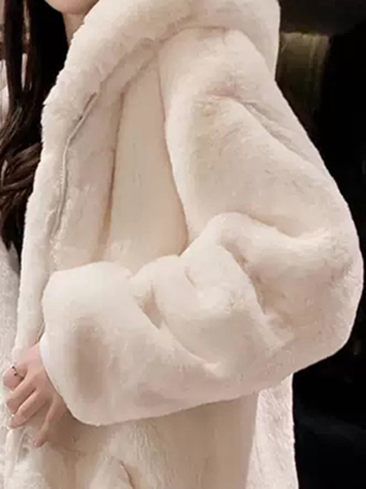 Warm Fluffy Loose White Hoodie for Women Maxct