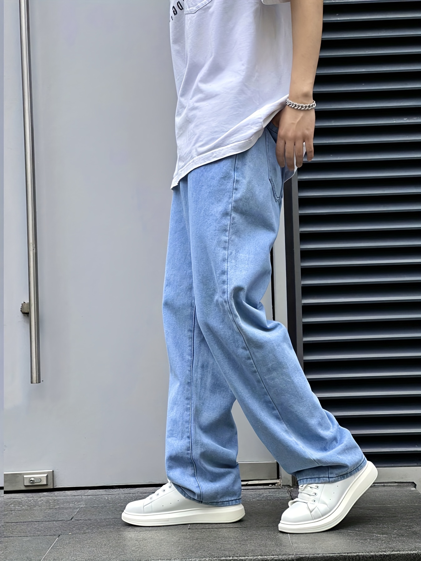 Classic Design Wide Leg Jeans, Men's Casual Street Style Solid Color Denim Pants For Spring Summer