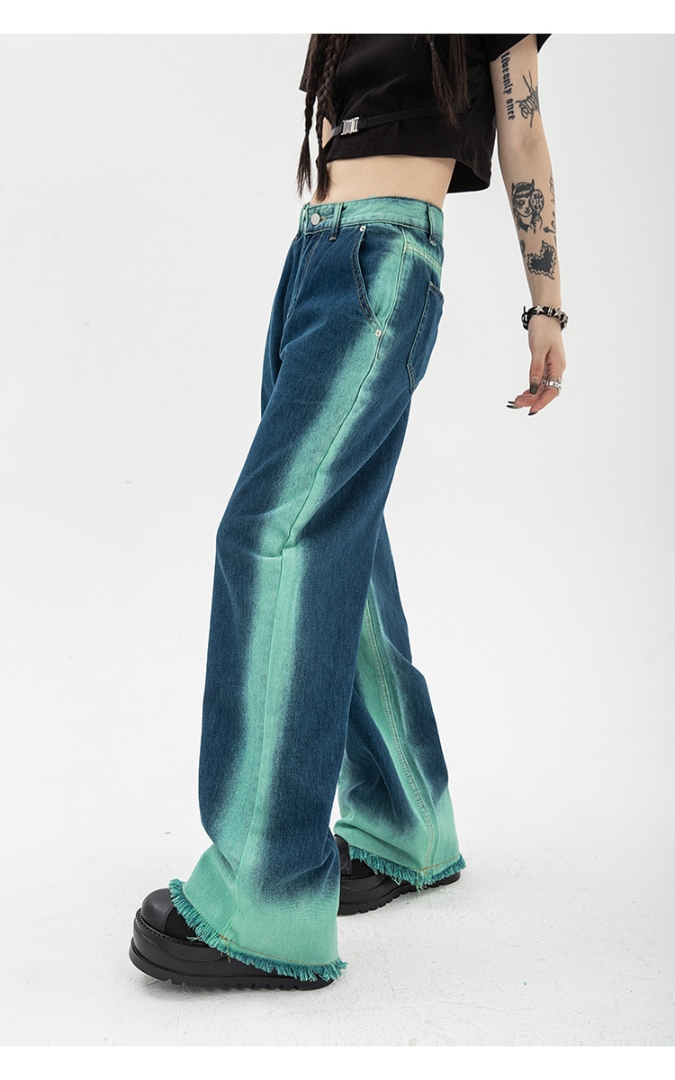 High Waist Straight Baggy Women's Jeans: Chic Design Streetwear Gradient Color Y2K Denim Wide Leg Trouser - true deals club