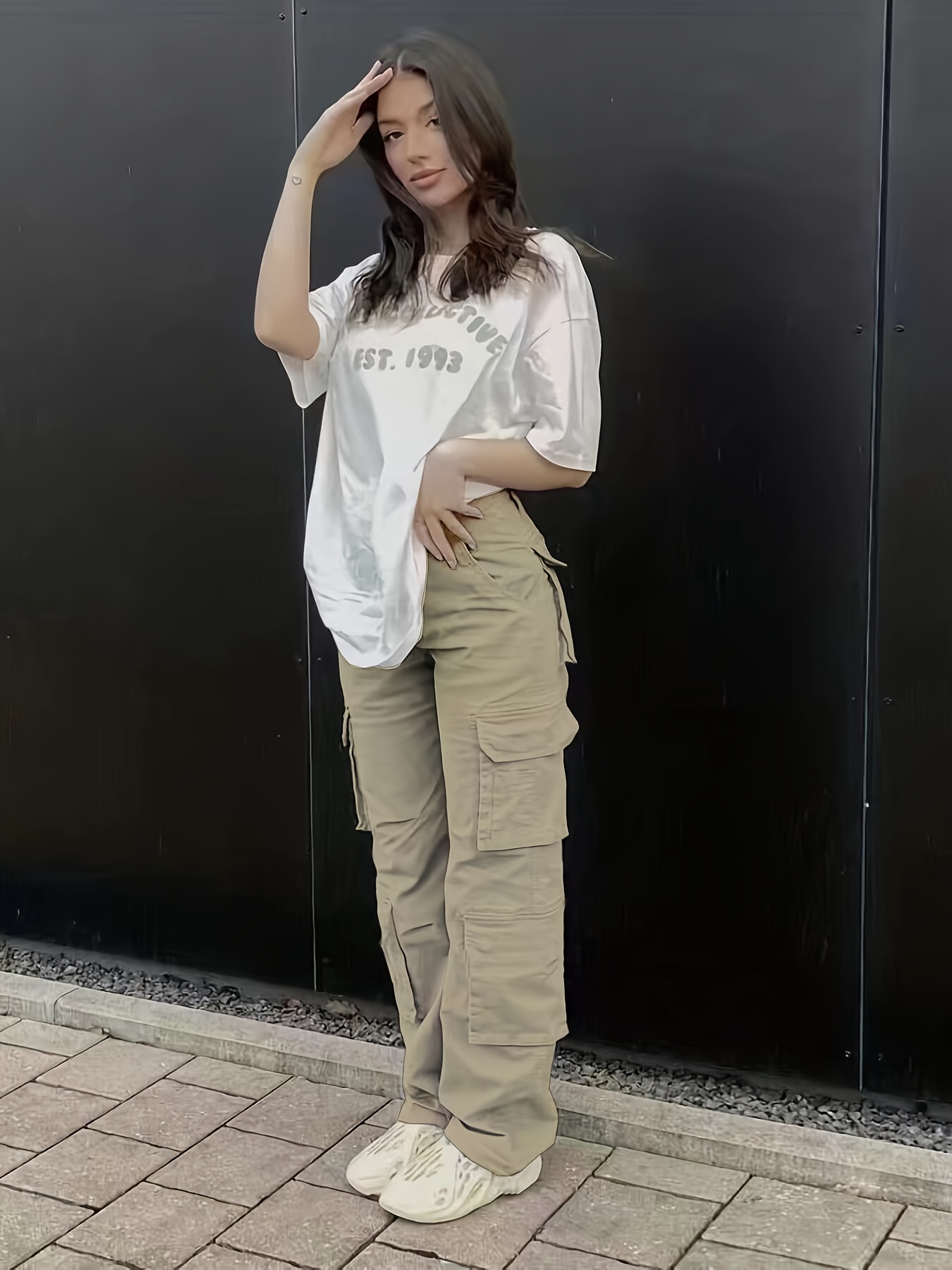 Plain High Rise Cargo Denim Pants, Loose Solid Color Retro Cargo Jeans, Street Casual Style, Women's Denim Jeans & Clothing