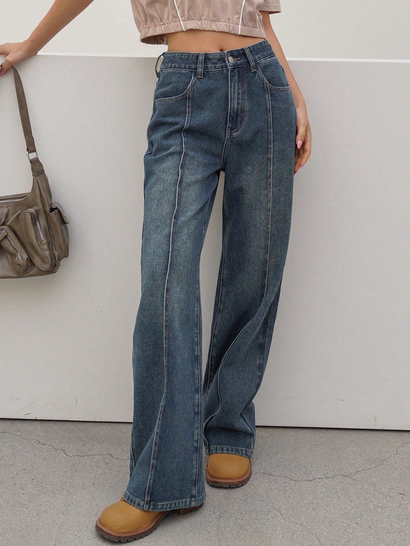 Maxct Women's Retro Washed Blue Denim Pants With Artistic Patchwork Design