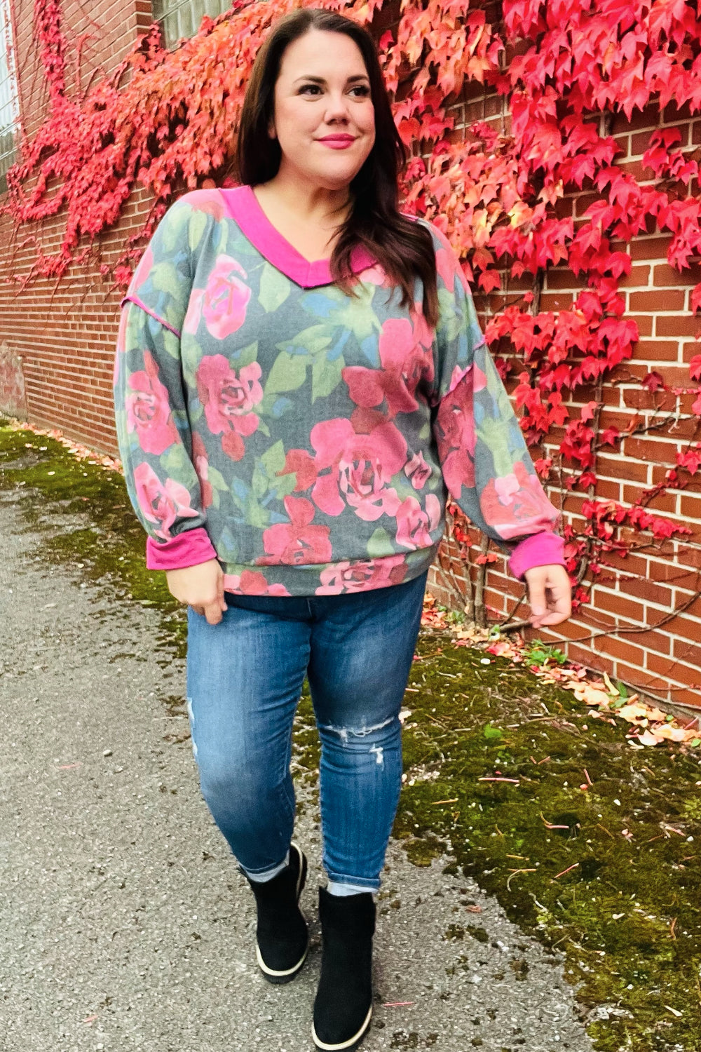 Maxct &Beautiful You Vintage Teal Floral Print V Neck Hacci Knit Sweater