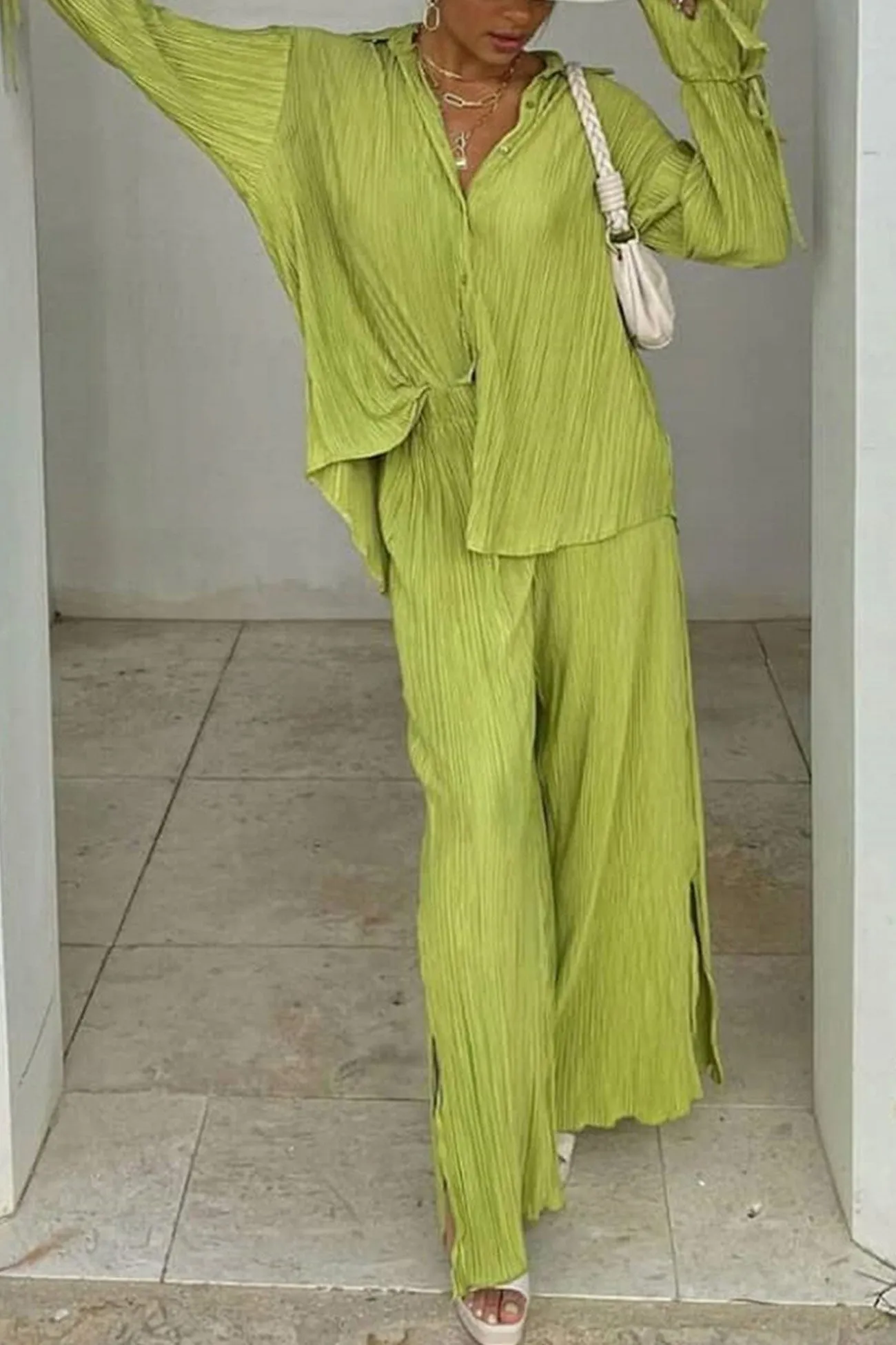 Maxct Pleated Blouse Slit Long Pants Set