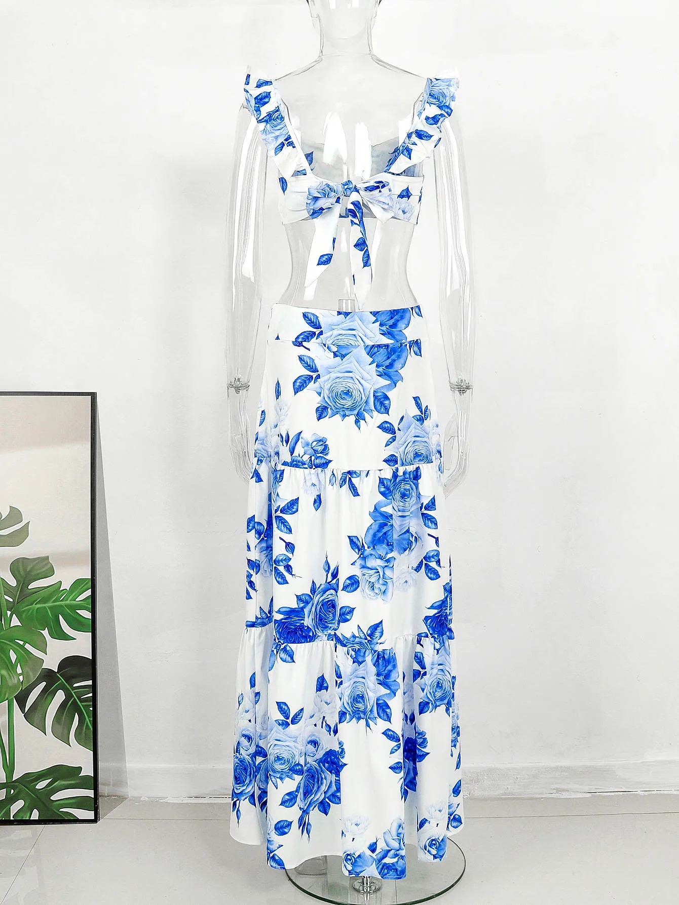 Maxct Summer Two Pieces Long Dress Women V-Neck Ruffles Beachwear Blue Floral Print White Beach Dresses Elegant Bodycon Vestidos