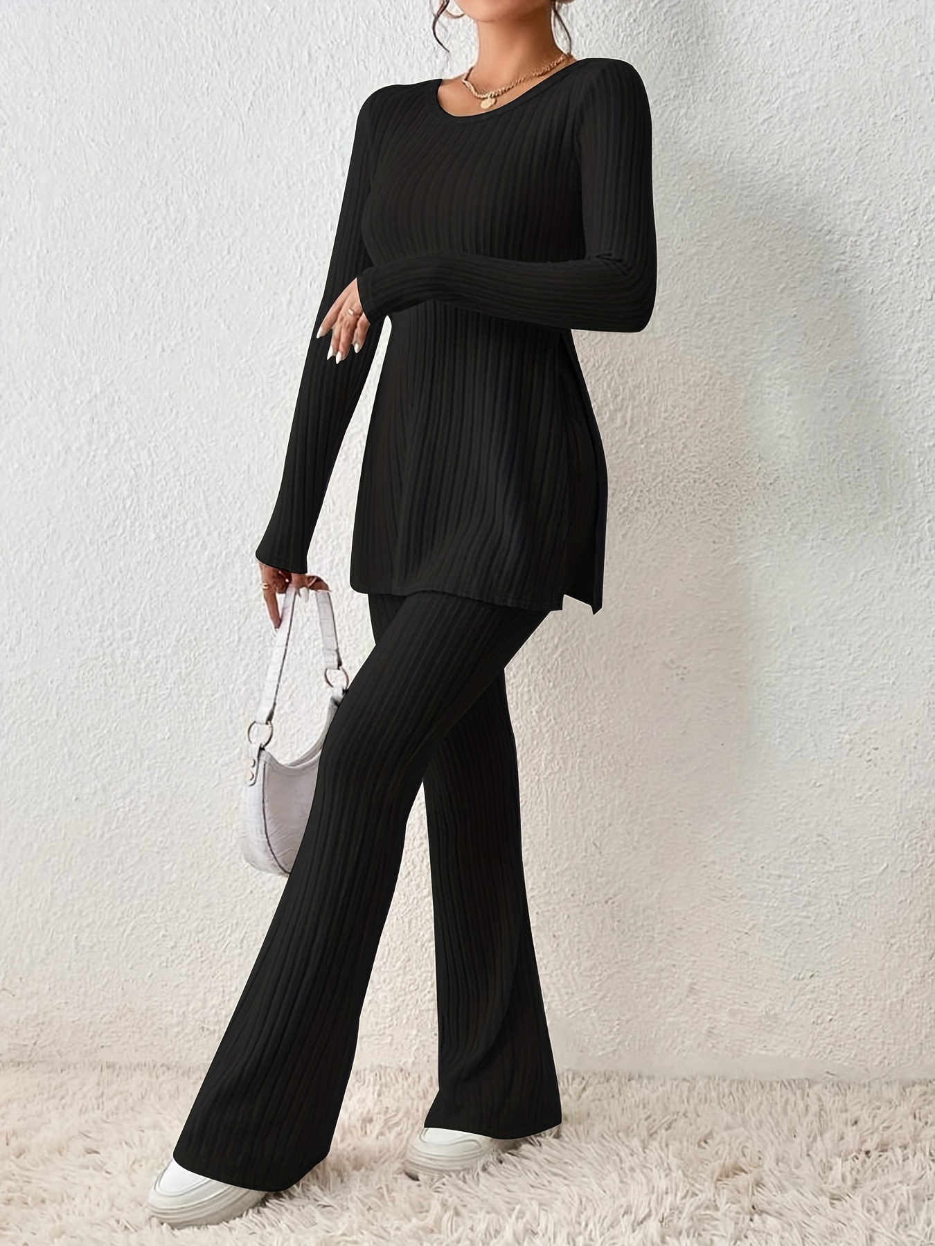 Solid Textured Two-piece Set, Long Sleeve Slit Long Length Top & Skinny Pants Outfits, Women's Clothing