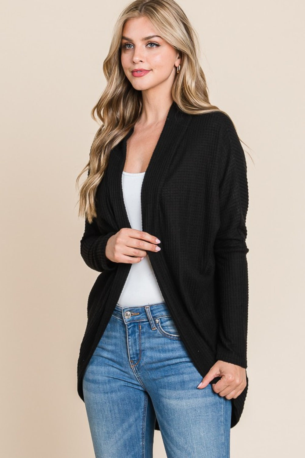 Maxct &BOMBOM Open Front Waffle Knit Cocoon Cardigan