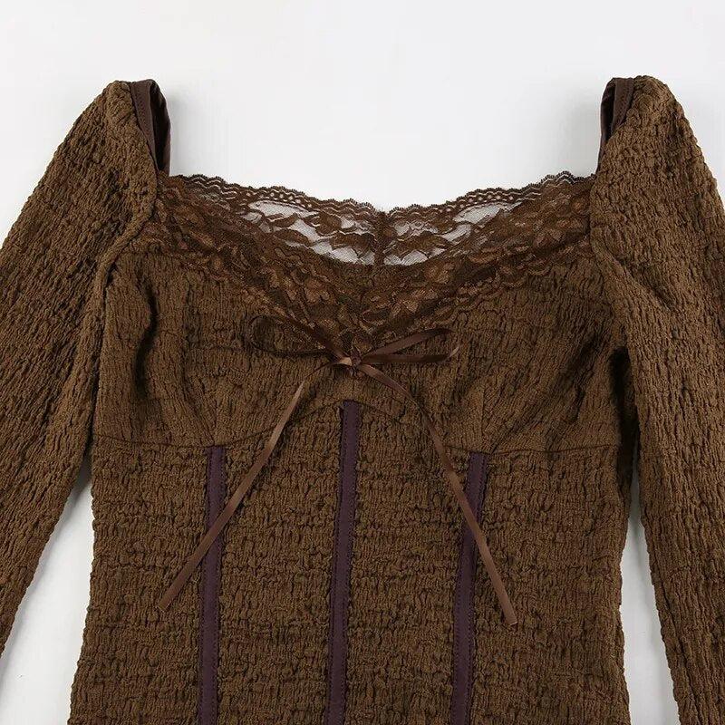 Maxct &Fairycore Lace Detailed Shirred Top