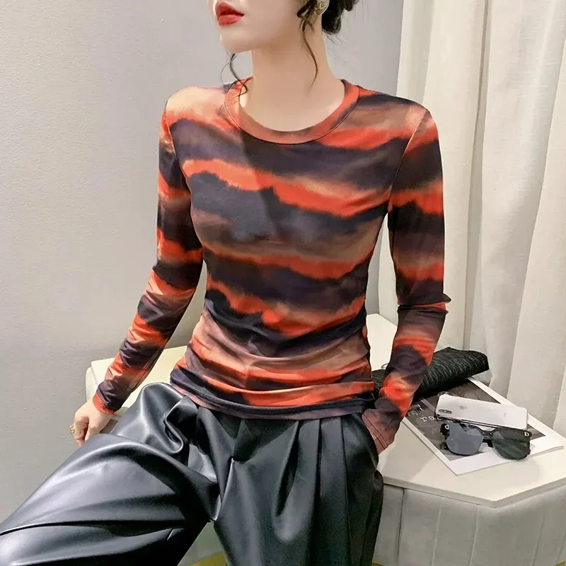 Maxct S-3XL New Vague Printing Mesh T-shirt Women's Round Neck Long Sleeve High Stretch Light Fabric Tees Tops - Image 7