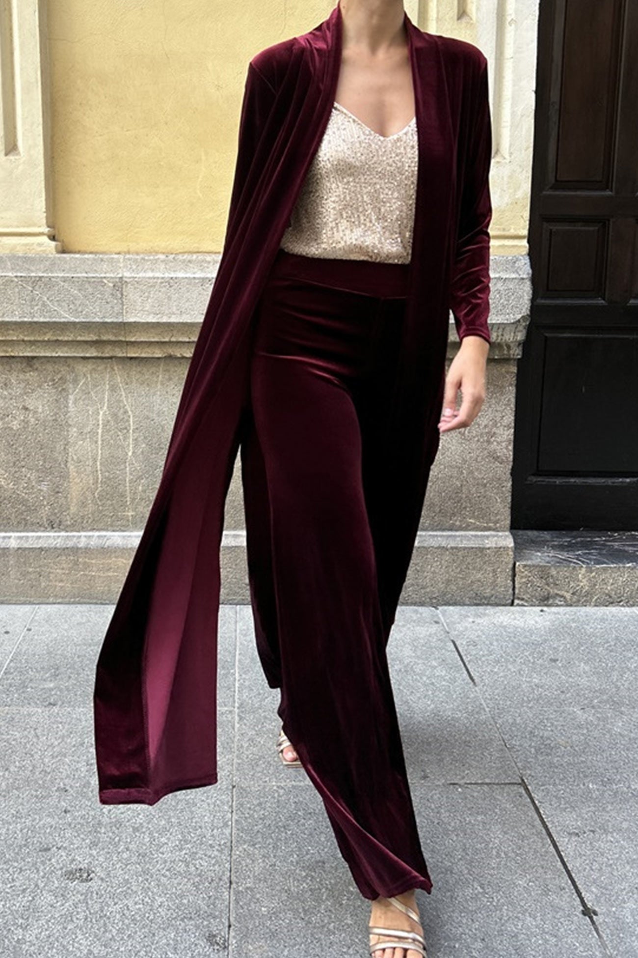 Maxct Velvet Slit Long Cardigan Two-piece Pants Suits