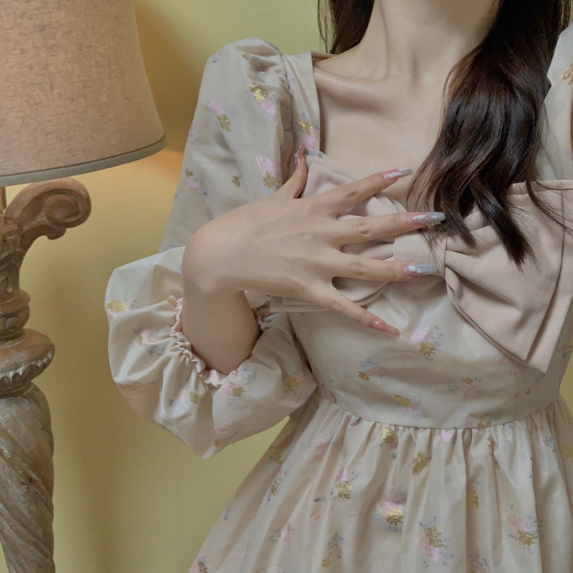 Puff Sleeve Bow Floral Jacquard Dress Maxct
