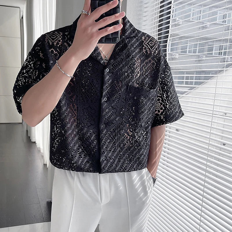 Maxct Summer New Casual Hollow Out Shirts Men Sexy See Through Breathable Shirt For Mens Fashion Solid Color Lapel Buttoned Cardigans
