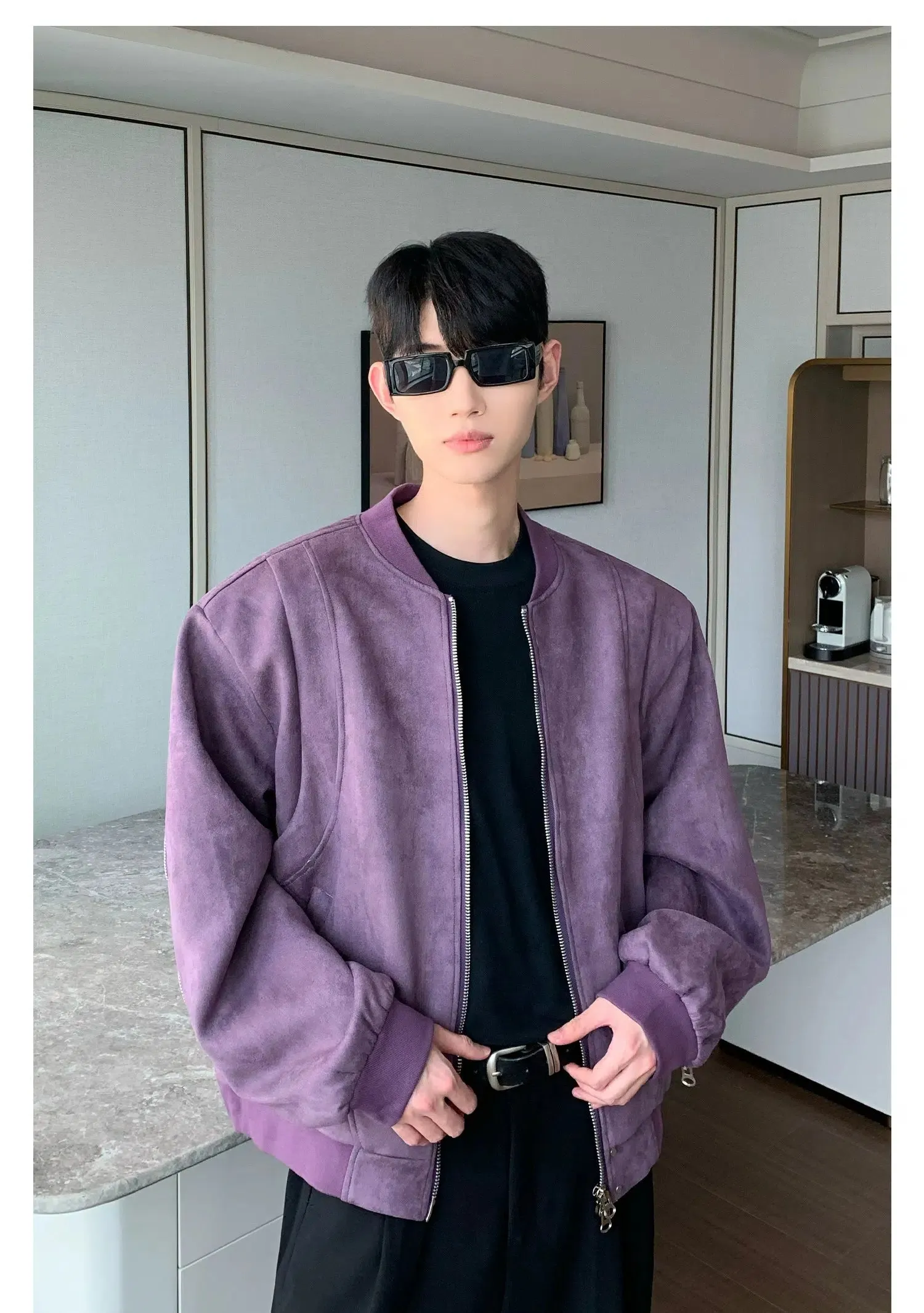 Maxct Zipper Velvet Suede Baseball Jacket