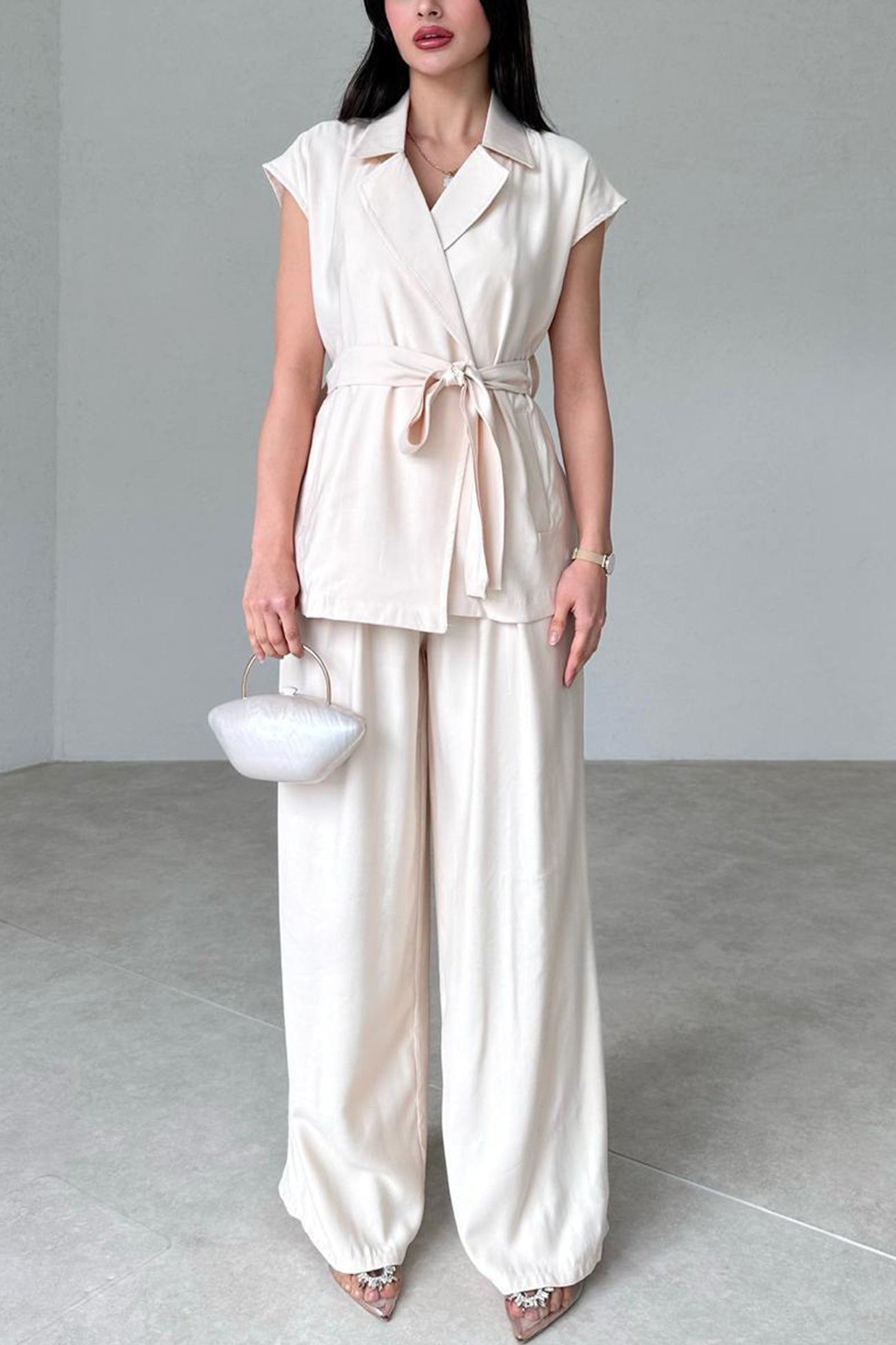 Maxct Cap Sleeve Tie-waist Suit Pants Set