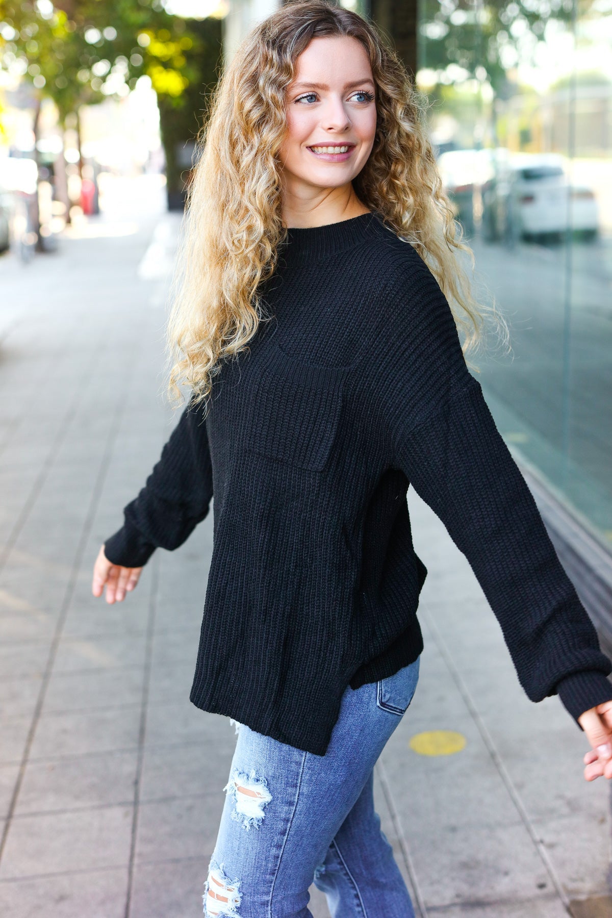 Maxct &Classy Chic Black Mock Neck Chest Pocket Knit Sweater