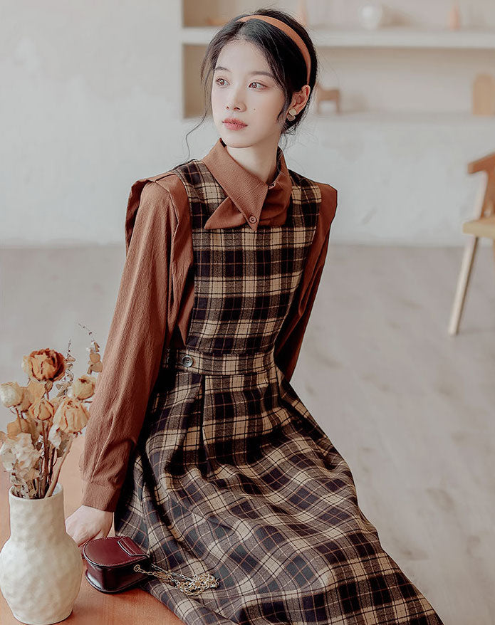 Crepe Plaid Pinafore Dress Set Maxct