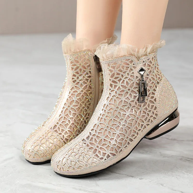 Fashion Rhinestones Hollow Out Thick Heel Short Boots for Women