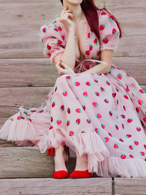 Sequined Strawberry Mesh Pleated Maxi Dress Maxct