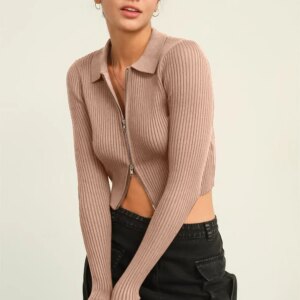 Maxct &HYFVE Ribbed Double Zip Cropped Cardigan