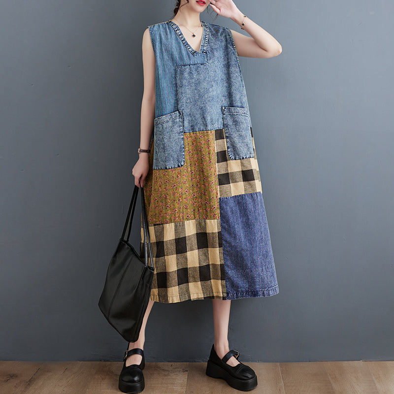 Retro Plaid Patchwork V-Neck Sleeveless Denim Midi Dress