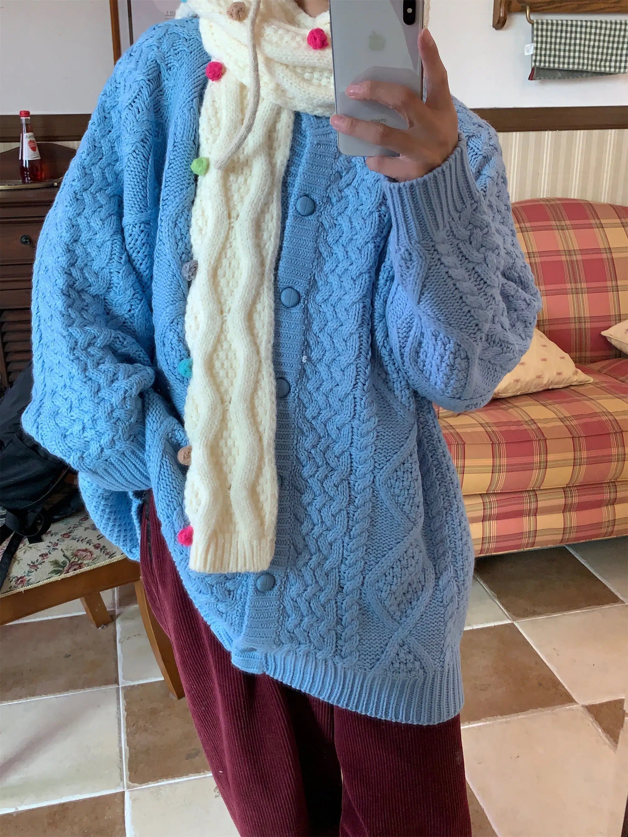 Maxct Crew Neck Twist Knit Sweater Cardigan