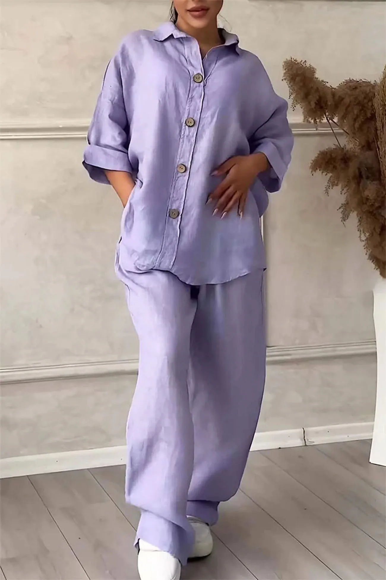 Maxct Solid Color Lapel Button Down Wide Leg Pants Set