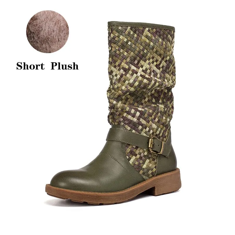Woven Boots Mid Calf Color Blocking Design Riding Boots Maxct