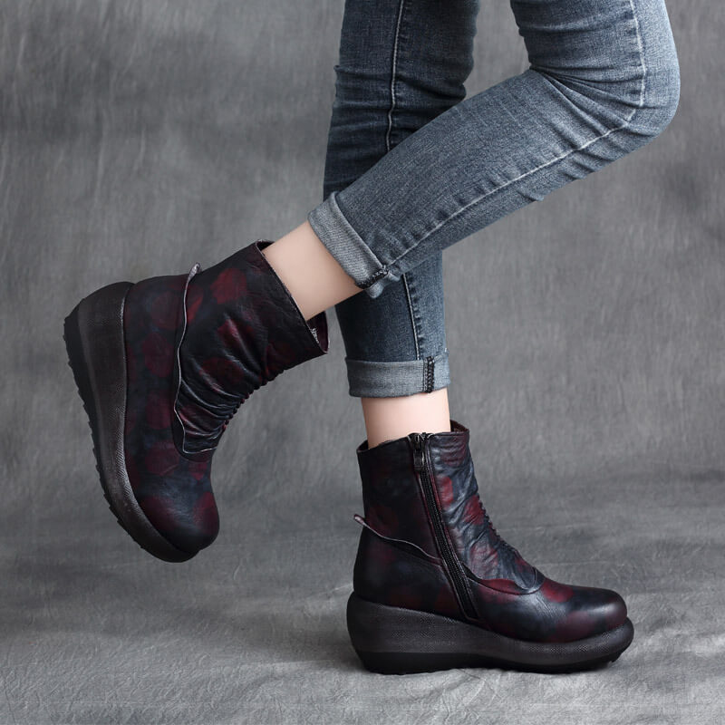 Maxct Women Autumn Winter Retro Leather Thick- Soled Wedge Heel Boots