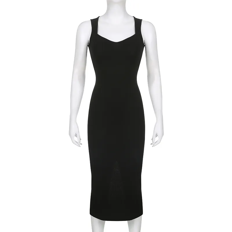 Basic Knit Long Dress Korean Square Collar Sleeveless Dresses Casual Y2k Vintage All-match Outftis