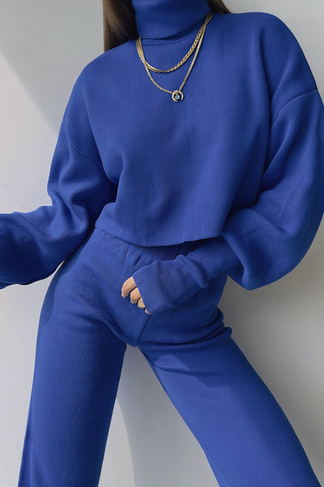 Maxct Solid High Neck Crop Top Long Pants Set