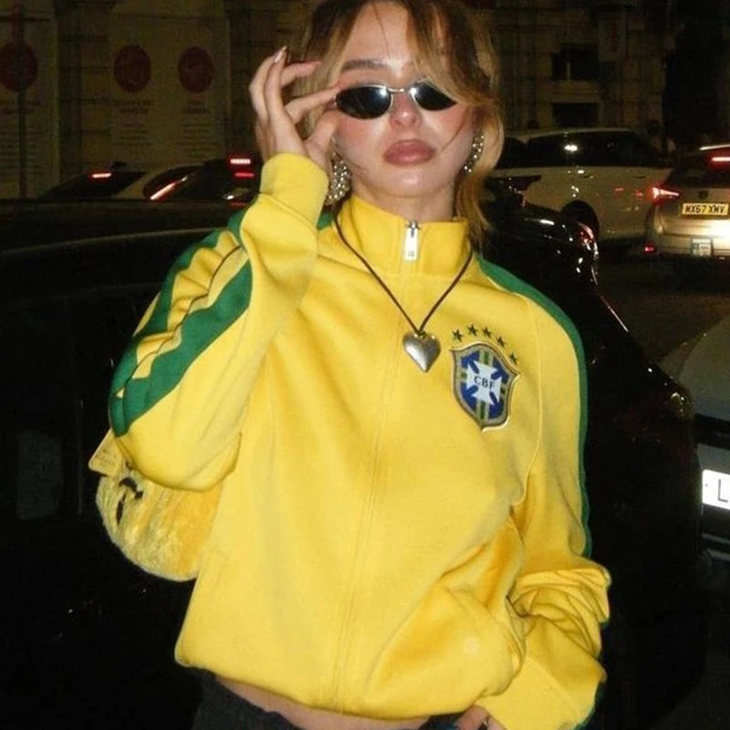 Maxct 2000s Retro Grunge Gothic Jacket Coat Y2K Aesthetic Vintage Yellow Sweatshirts Letter Embroidery Graphic Pattern Zip Up Coat