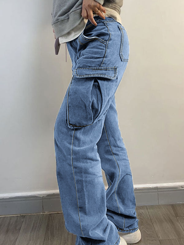 Washed Mid Waist Pocket Cargo Jeans Maxct