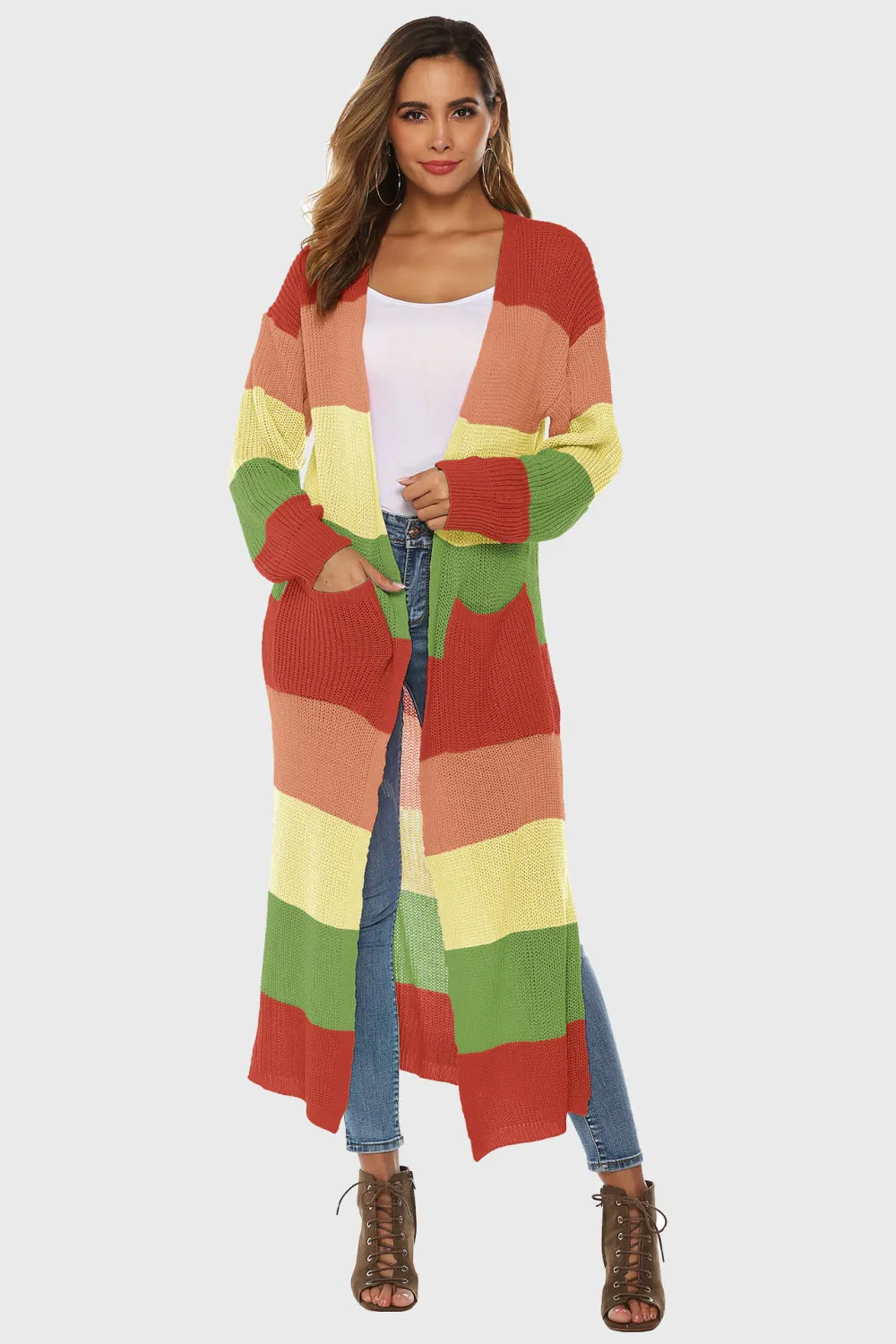 Maxct &Color Block Long Sleeve Pocketed Cardigan