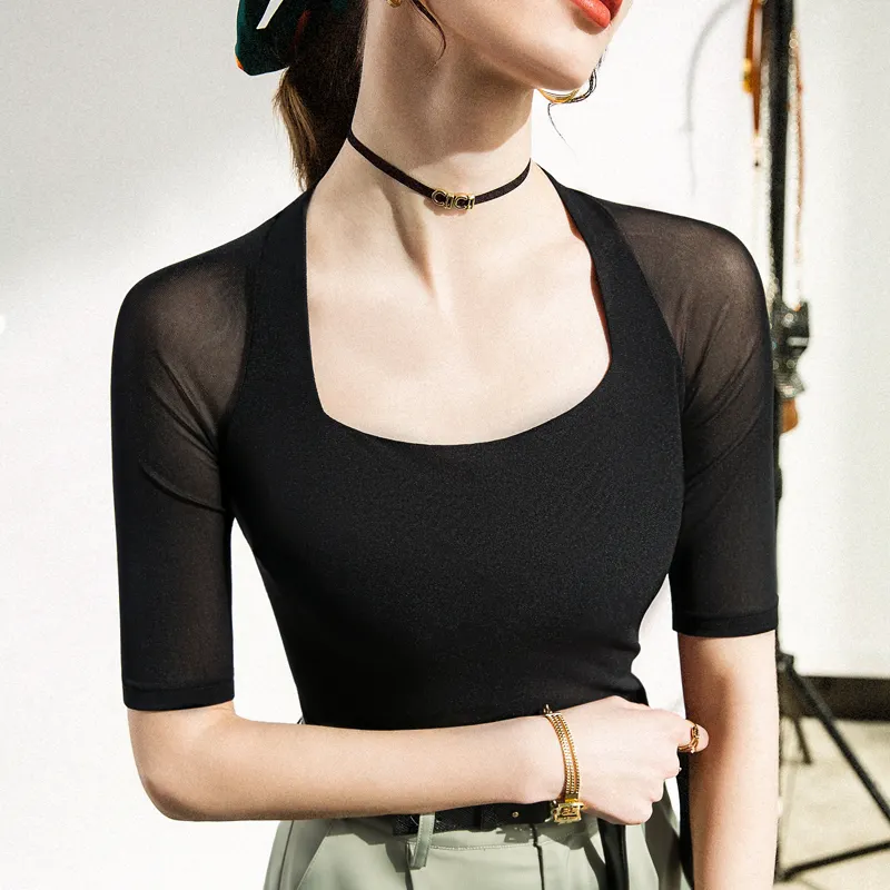 Maxct Summer Vintage Short Sleeve Tee Square Collar T-shirt Girls Solid Stretchy Black Mesh TShirts Tops For Women