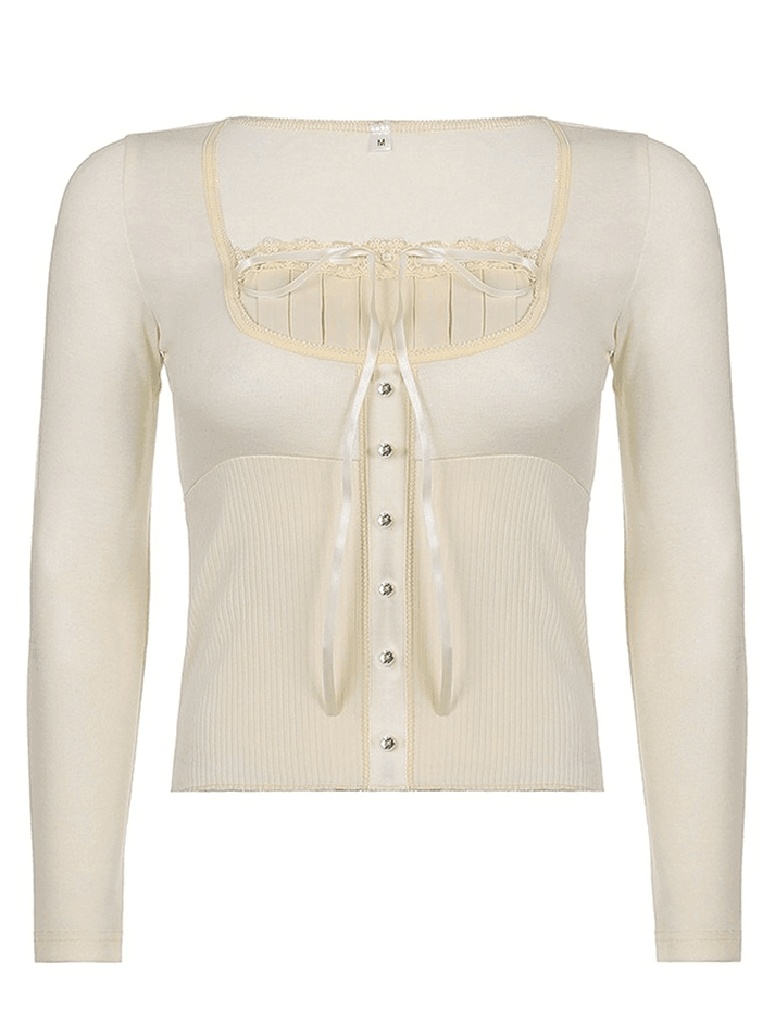 Maxct Fleece Bow-Neck Ribbed Lace Blouse
