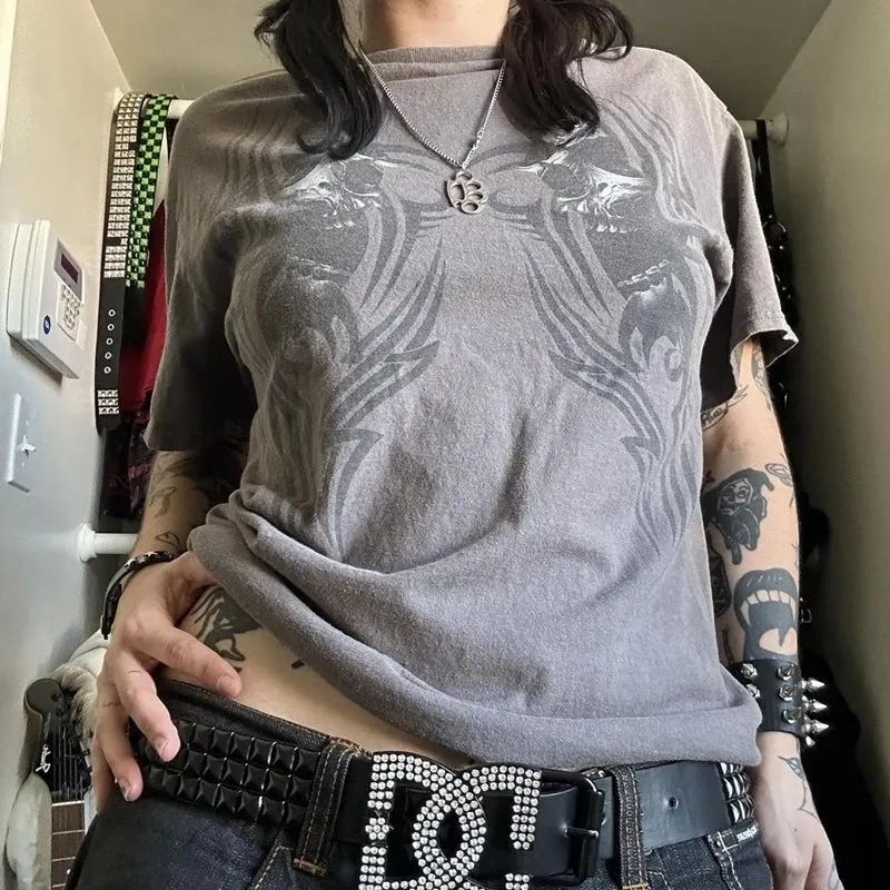 Maxct y2k Aesthetic Fairy Grunge Vintage Tops Graphic Print Brown T-Shirt Short Sleeve Slim Pullover Sweats Tees Harajuku Retro Women