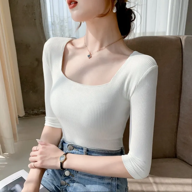 Maxct Sleeve Square Collar Slim Cotton T-shirt Tee Girls Solid Summer Basic High Elasticity Tshirts Crop Tops For Women