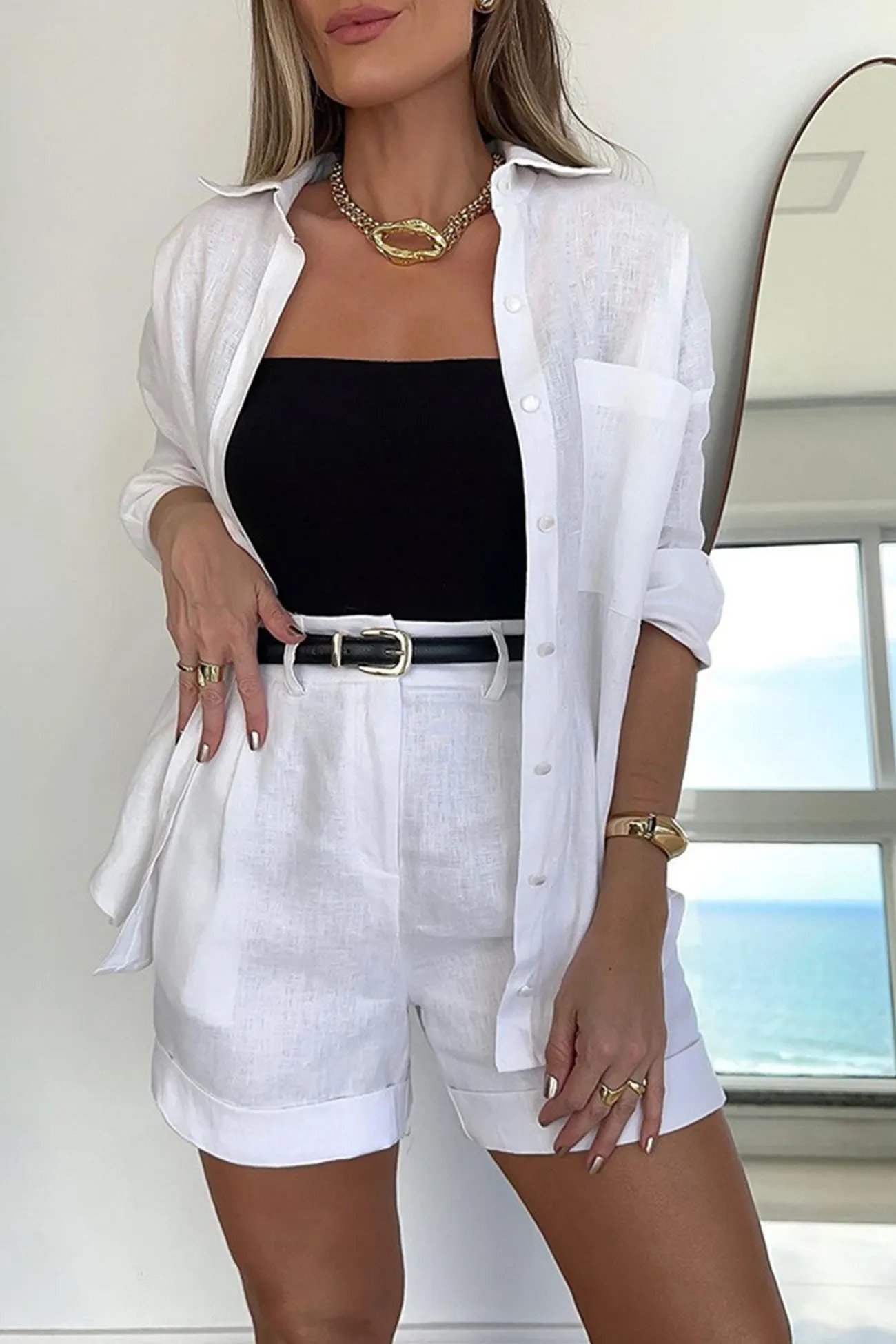 Maxct Solid Blouse Shorts With Belt