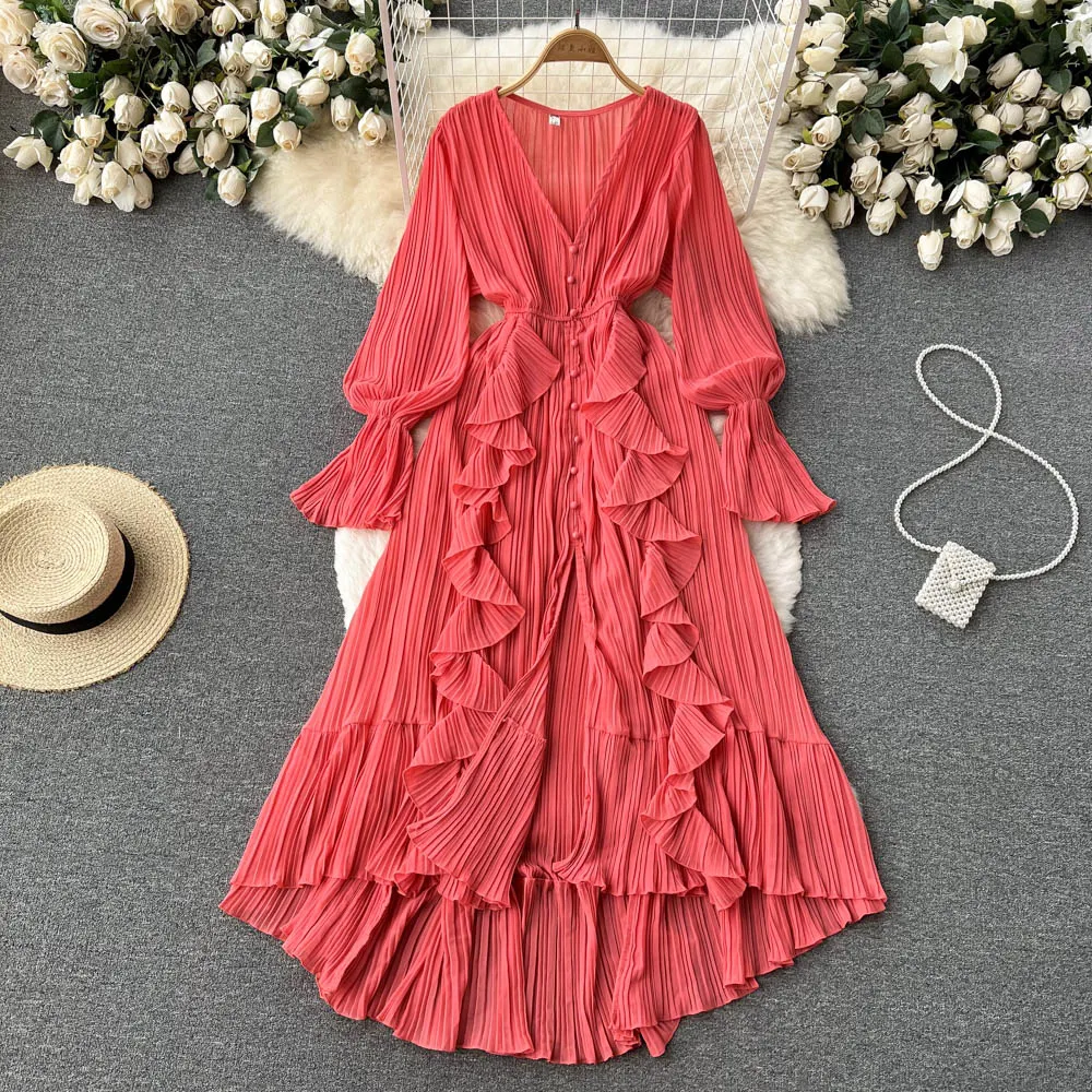 Chiffon Pleated Long Dress Women Vintage V-Neck Flare Sleeve Draped Ruffle Vestido Female Maxi Robe Spring Fall 1215-1